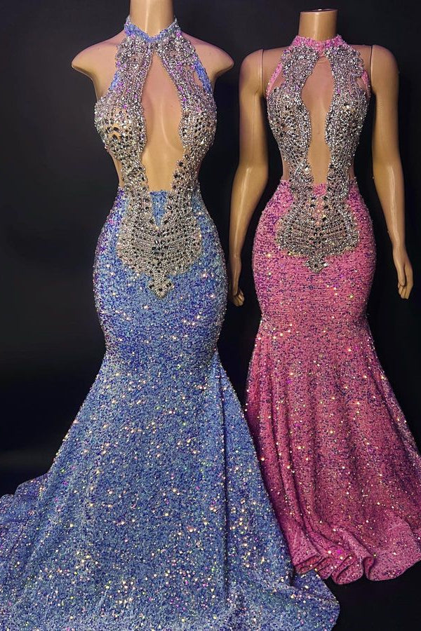 Beaded Sequins High Neck Sleeveless Mermaid Formal Dress With Appliques