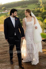 Beautiful A-Line Lace Square Sleeveless Ivory Long Wedding Dress With Appliques