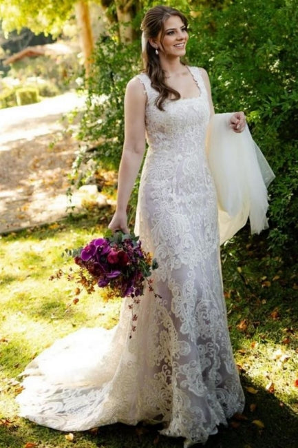 Beautiful A-Line Lace Square Sleeveless Ivory Long Wedding Dress With Appliques