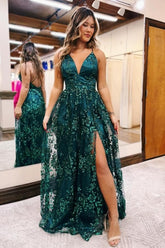Beautiful A-Line Lace V-Neck Sleeveless Prom Evening Dresses With Appliques Split