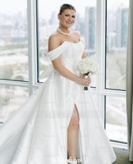 Beautiful A-Line Off-The-Shoulder Scoop Sleeveless Ruffles Satin Split Front White Wedding Dresses