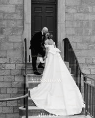 Beautiful A-Line Off-The-Shoulder Scoop Sleeveless Ruffles Satin Split Front White Wedding Dresses