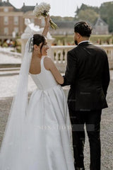 Beautiful A-Line Satin Sleeveless White Wedding Dresses With Split Front