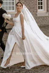 Beautiful A-Line Satin Sleeveless White Wedding Dresses With Split Front