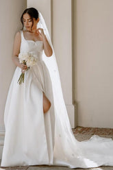 Beautiful A-Line Satin Sleeveless White Wedding Dresses With Split Front
