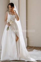 Beautiful A-Line Satin Sleeveless White Wedding Dresses With Split Front