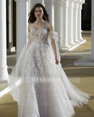 Beautiful A-Line Tulle Lace Spaghetti Straps Long Sleeve White Wedding Dresses With Appliques