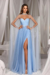 Beautiful A-Line Tulle Sweetheart Sleeveless Blue Prom Evening Dresses With Ruffles Split