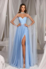 Beautiful A-Line Tulle Sweetheart Sleeveless Blue Prom Evening Dresses With Ruffles Split