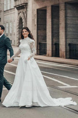 Beautiful A-line Long High Neck Lace Chiffon Wedding Dresses with Long Sleeves