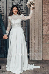 Beautiful A-line Long High Neck Lace Chiffon Wedding Dresses with Long Sleeves