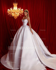 Beautiful A-line Spaghetti Straps Sleeveless Ruffles Satin Train White Long Wedding Dress