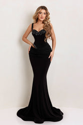 Beautiful Black Mermaid Sweetheart Beaded Spaghetti Strap Sleeveless Long Velvet Prom Dresses