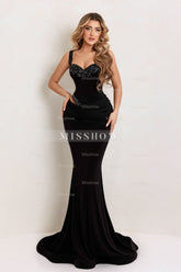 Beautiful Black Mermaid Sweetheart Beaded Spaghetti Strap Sleeveless Long Velvet Prom Dresses