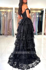 Beautiful Black Sweetheart A-line Off-the-shoulder Sleeveless Long Lace Dresses With Slit