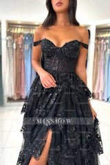 Beautiful Black Sweetheart A-line Off-the-shoulder Sleeveless Long Lace Dresses With Slit