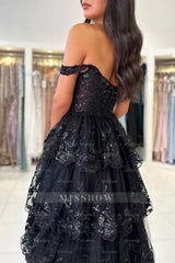 Beautiful Black Sweetheart A-line Off-the-shoulder Sleeveless Long Lace Dresses With Slit