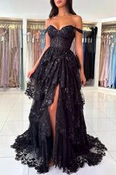 Beautiful Black Sweetheart A-line Off-the-shoulder Sleeveless Long Lace Dresses With Slit