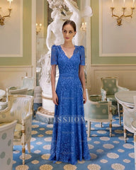 Beautiful Blue A-Line Mother of Bride V-Neck Short Sleeves Long Lace Bridesmaid Dress