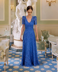 Beautiful Blue A-Line Mother of Bride V-Neck Short Sleeves Long Lace Bridesmaid Dress