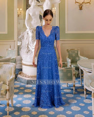 Beautiful Blue A-Line Mother of Bride V-Neck Short Sleeves Long Lace Bridesmaid Dress