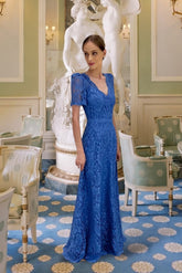 Beautiful Blue A-Line Mother of Bride V-Neck Short Sleeves Long Lace Bridesmaid Dress