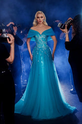 Beautiful Blue Off-The-Shoulder A-Line Sleeveless Long Tulle Prom Dresses With Appliques