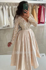 Beautiful Champagne V-neck Ankle Length Long Sleeves Draped Satin Prom Evening Dresses With Sequins