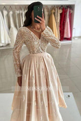 Beautiful Champagne V-neck Ankle Length Long Sleeves Draped Satin Prom Evening Dresses With Sequins