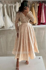 Beautiful Champagne V-neck Ankle Length Long Sleeves Draped Satin Prom Evening Dresses With Sequins
