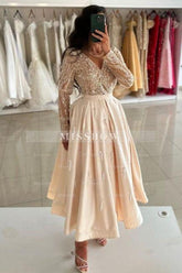 Beautiful Champagne V-neck Ankle Length Long Sleeves Draped Satin Prom Evening Dresses With Sequins