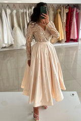 Beautiful Champagne V-neck Ankle Length Long Sleeves Draped Satin Prom Evening Dresses With Sequins