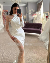 Beautiful Column Satin Lace Halter Long Sleeve Wedding Dress With Appliques