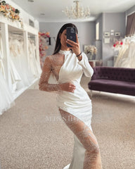 Beautiful Column Satin Lace Halter Long Sleeve Wedding Dress With Appliques