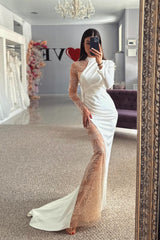 Beautiful Column Satin Lace Halter Long Sleeve Wedding Dress With Appliques