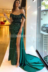 Beautiful Column Satin Off-The-Shoulder Sleeveless Green Prom Evening Dresses With Split Front
