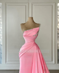 Beautiful Column Satin Strapless Sleeveless Pink Prom Dress With Rhinestone