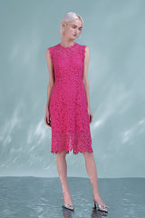 Beautiful Fuchsia Knee Length Lace Sleeveless Dress