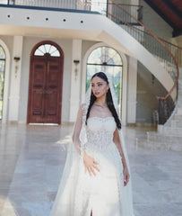 Beautiful Ivory A-Line Strapless Sleeveless Front Spilt Long Tulle Wedding Dresses With Appliques