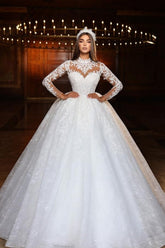 Beautiful Lace Ball Gown Long Sleeves High Neck Sequined Tulle Wedding Dresses With Appliques