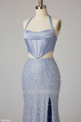 Beautiful Light Blue Two-Piece Beaded Prom Dress with Cutout Waist and High Slit