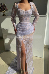 Beautiful Lilac Mermaid Square Lace Beaded Long Sleeves Long Prom Dresses With Slit