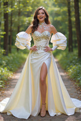 Beautiful Long A-Line Sleeveless Strapless Satin Wedding Dresses With Applique