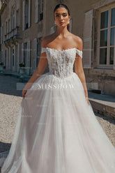 Beautiful Long A-line Off-the-shoulder Appliques Tulle Wedding Dress