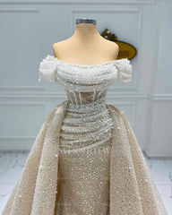 Beautiful Long A-line Off-the-shoulder Beaded Wedding Dress with Detachable Train
