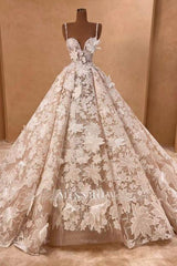 Beautiful Long A-line Spaghetti Straps Lace Appliques Sleeveless Wedding Dresses