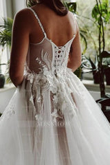 Beautiful Long A-line Spaghetti Straps Tulle Lace Wedding Dress With Slit