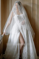 Beautiful Long A-line Split Front Sleeveless Wedding Dresses with Lace