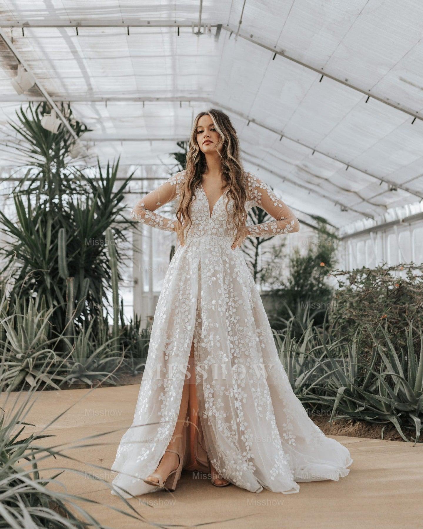 Beautiful Long A-line Unique V-neck Long Sleeves Appliques Wedding Dresses With Slit