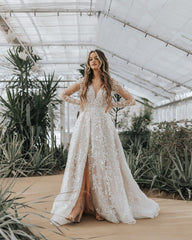 Beautiful Long A-line Unique V-neck Long Sleeves Appliques Wedding Dresses With Slit